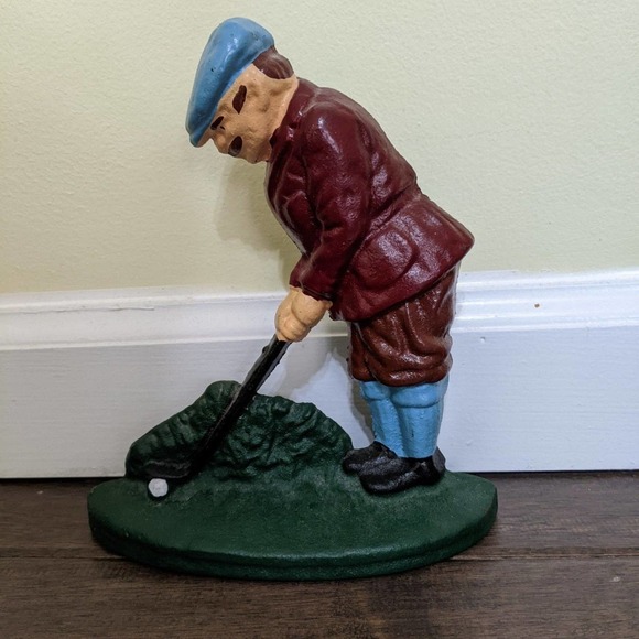 Other - Vintage Cast Iron Golfer Door Stop Bookend Victorian Painted Golfing Golf heavy